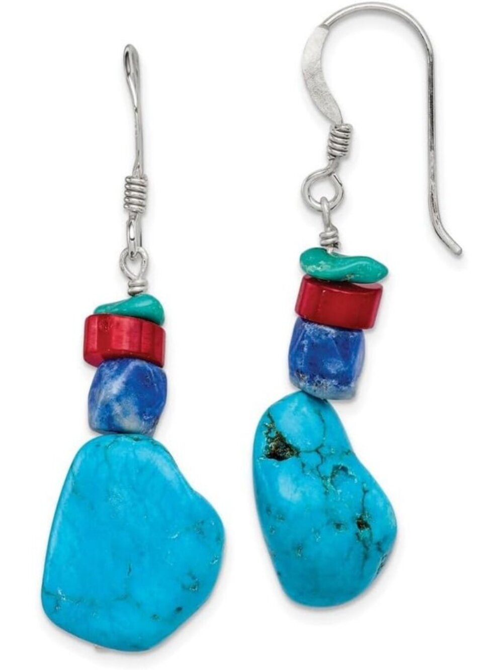 Boho Chic Sterling Silver Dangle Earrings with Red Coral, Howlite & Turquoise